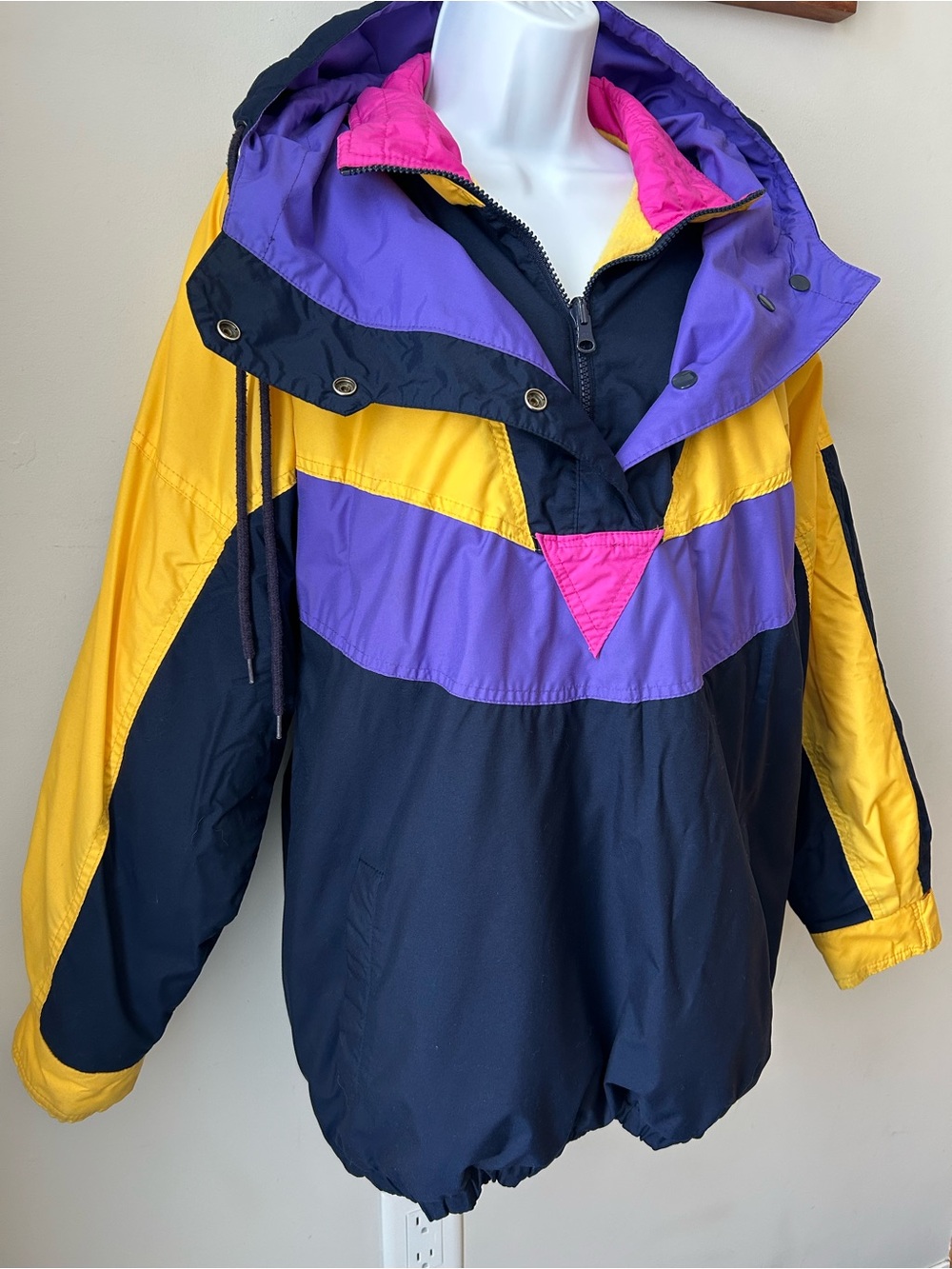Vintage 90s Neon Colorblock Ski Jacket Retro Apres Ski Anorak Oversized - Picture 2 of 14